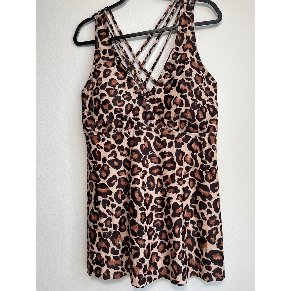 Aqua Eve Leopard Print Strappy Back Swim Dress Tankini Top Brown Tan 20W - Picture 10 of 10